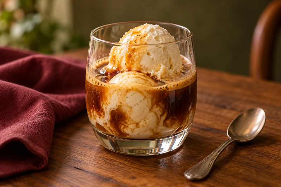 Vaniljeis med espresso i et lille dessertglas