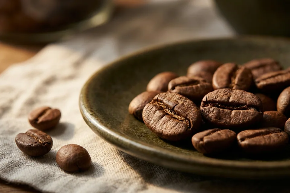 Nærbillede af ristede kaffebønner på en olivengrøn tallerken