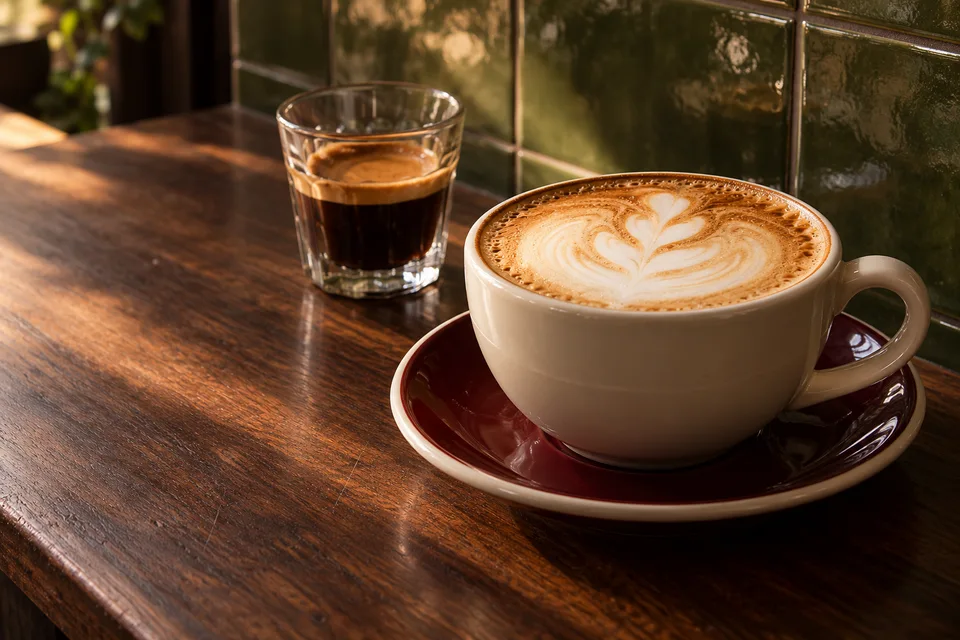 Cappuccino og espresso på et kaffebord med grønne caféfliser