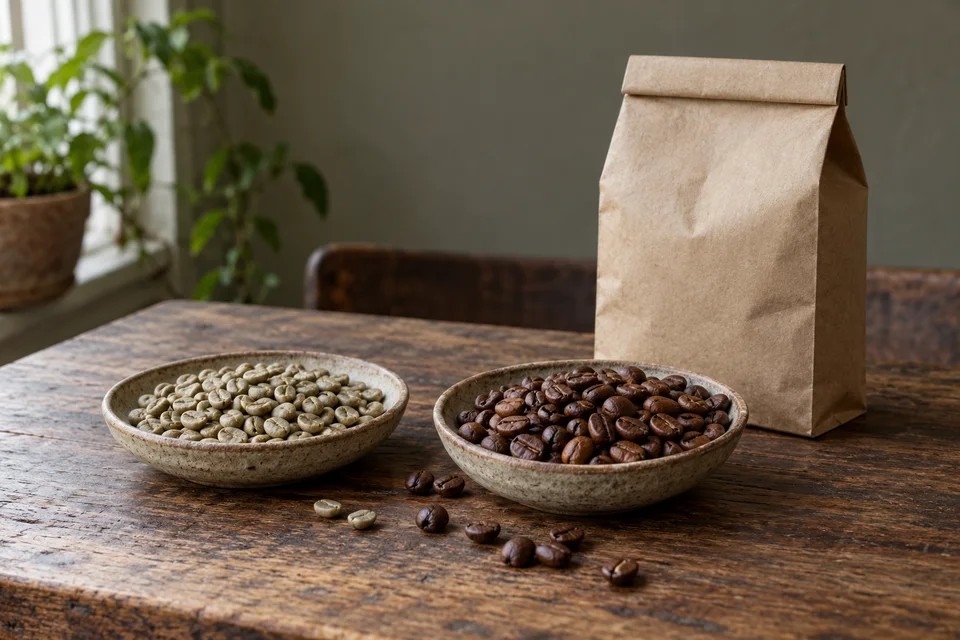 Grønne og ristede kaffebønner i to skåle ved en neutral kaffepose