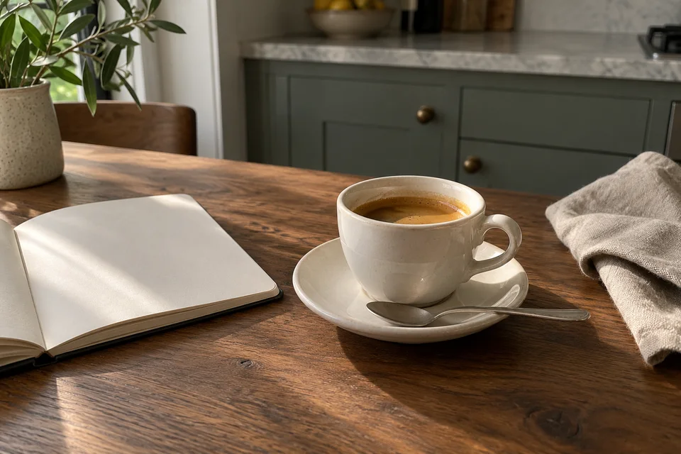 En espressokop, notesbog og hørserviet på et kaffebord i dagslys