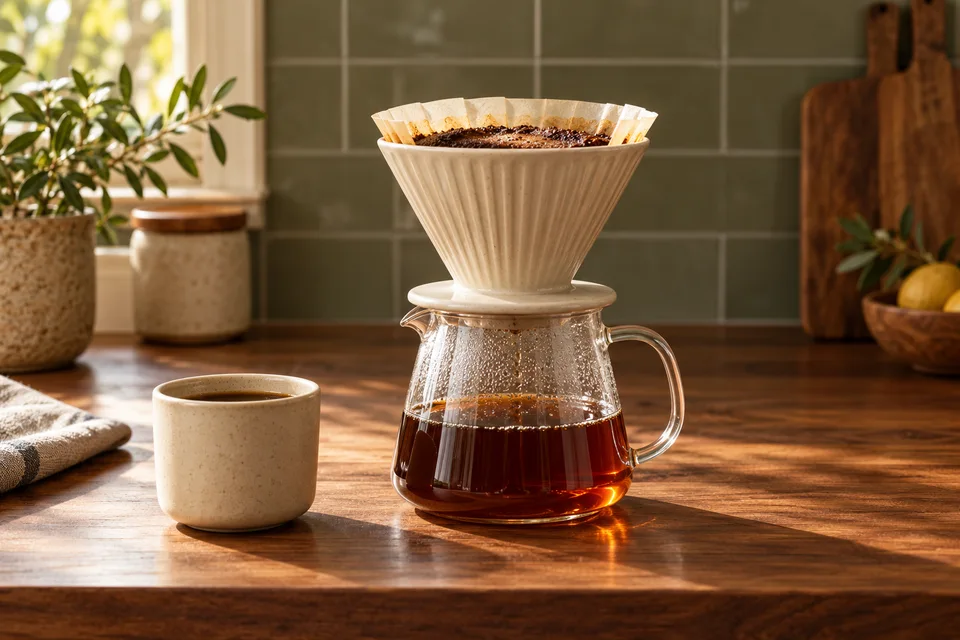Filterkaffe med en keramisk dripper på en glaskande