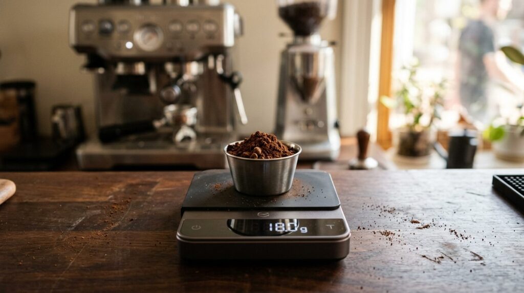 Close-up flatlay of precision coffee scales weighing freshly