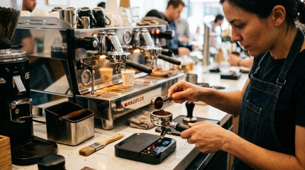 Hands of a skilled barista using a digital coffee scale to m